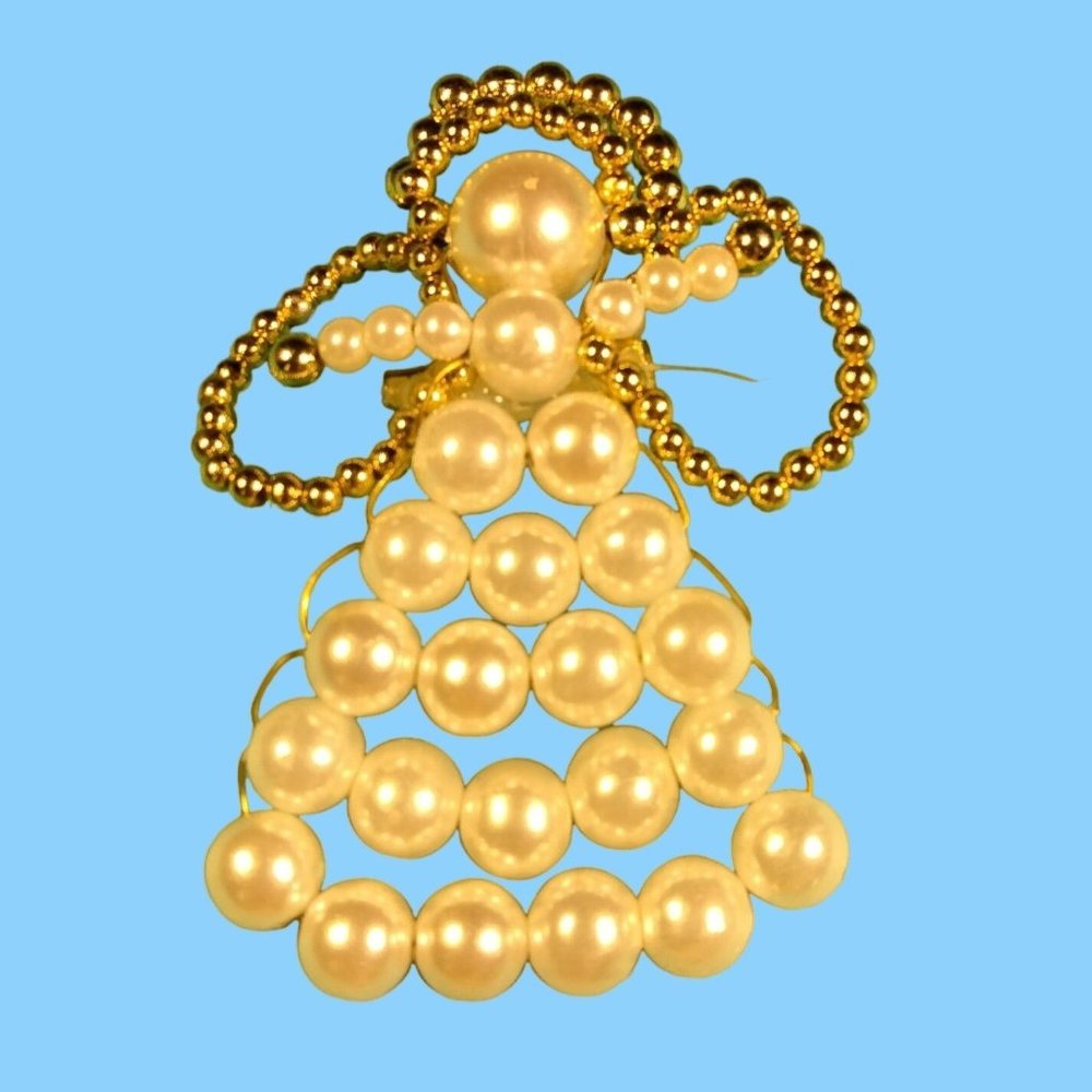 Angel Brooch Pin Vintage Pearl Beaded  Artisan Handmade Unique